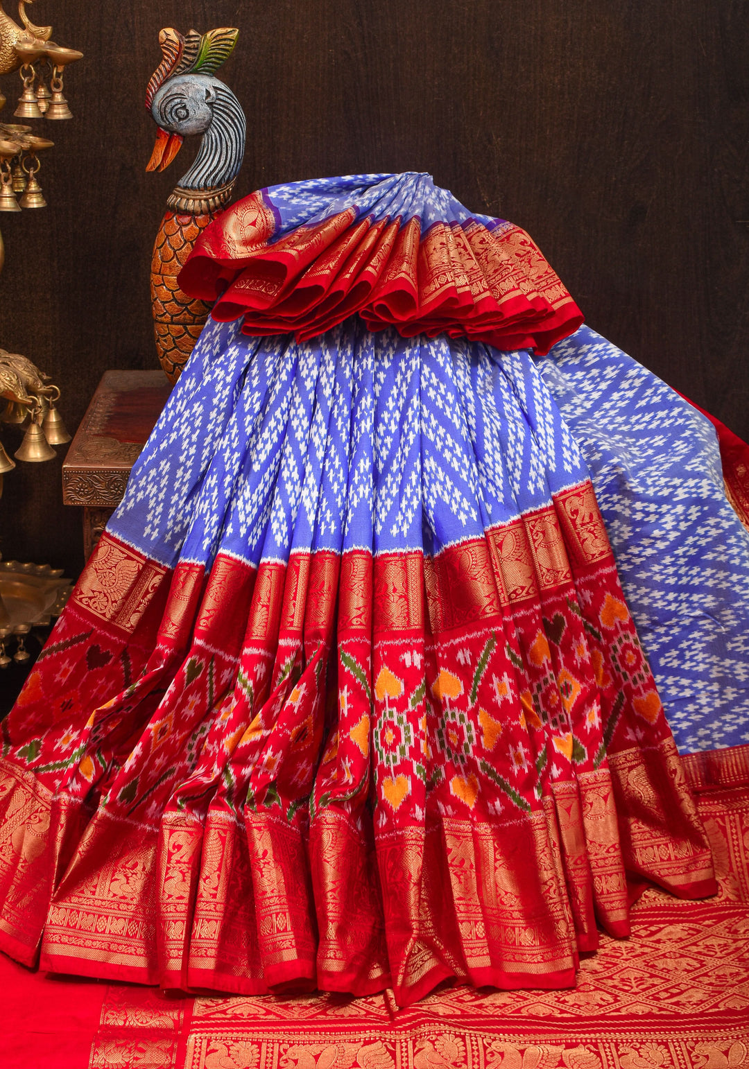 Blue Ikkat Patola Kanjivaram Fusion Silk Saree with Panel design and wide zari border |SILK MARK CERTIFIED