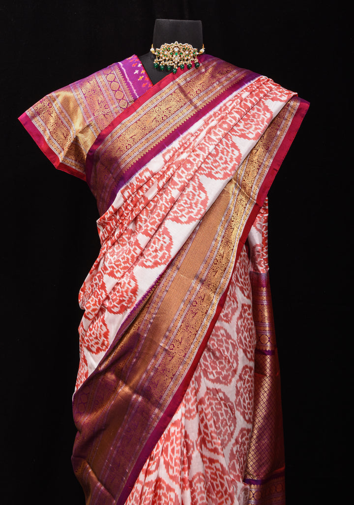 Exquisite White and Peach Ikkat Mandala design Fusion Pure Silk Saree with Gadwal Style Border | SILK MARK CERTIFIED