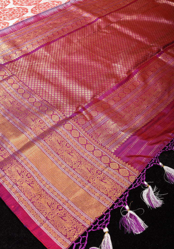 Exquisite White and Peach Ikkat Mandala design Fusion Pure Silk Saree with Gadwal Style Border | SILK MARK CERTIFIED