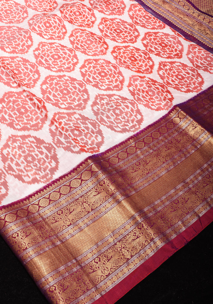 Exquisite White and Peach Ikkat Mandala design Fusion Pure Silk Saree with Gadwal Style Border | SILK MARK CERTIFIED