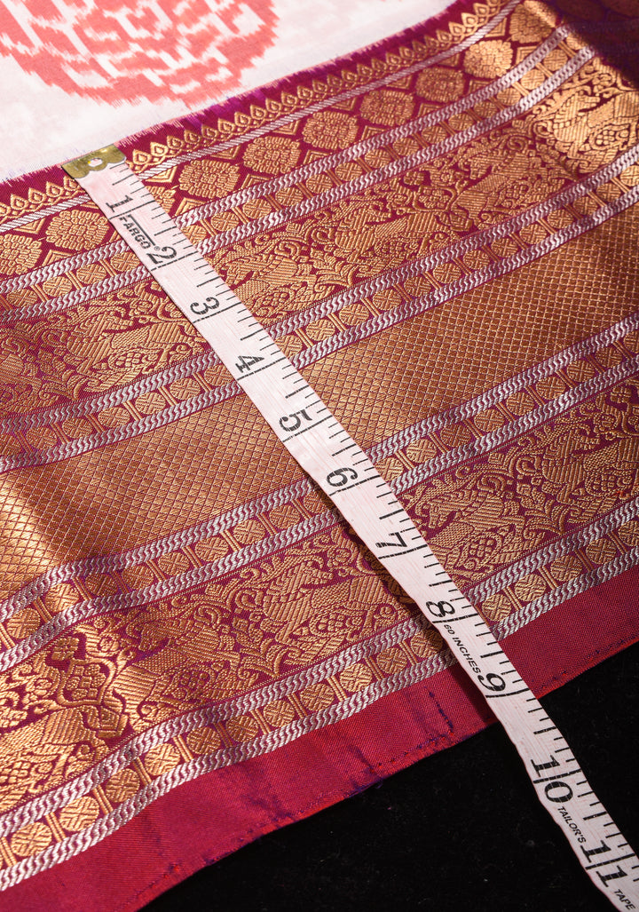 Exquisite White and Peach Ikkat Mandala design Fusion Pure Silk Saree with Gadwal Style Border | SILK MARK CERTIFIED