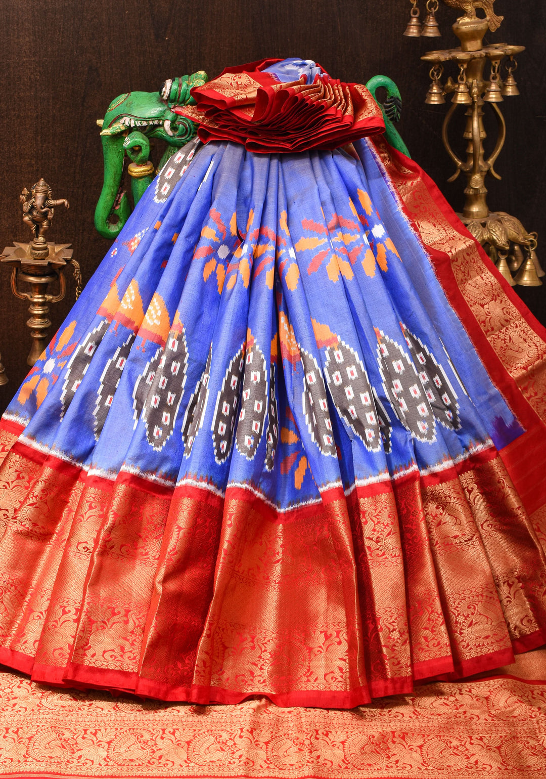 Lilac Blue Ikkat Kanjivaram Pure Silk Saree with Dual Peacock Motif and Contrast Red Border  | SILK MARK CERTIFIED