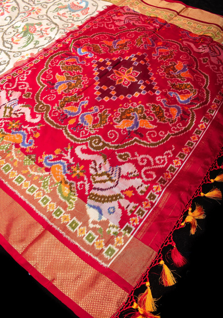 Ivory Ikkat Vanasingaram ikkat Silk Saree with Panel design Red Zari Border | SILK MARK CERTIFIED