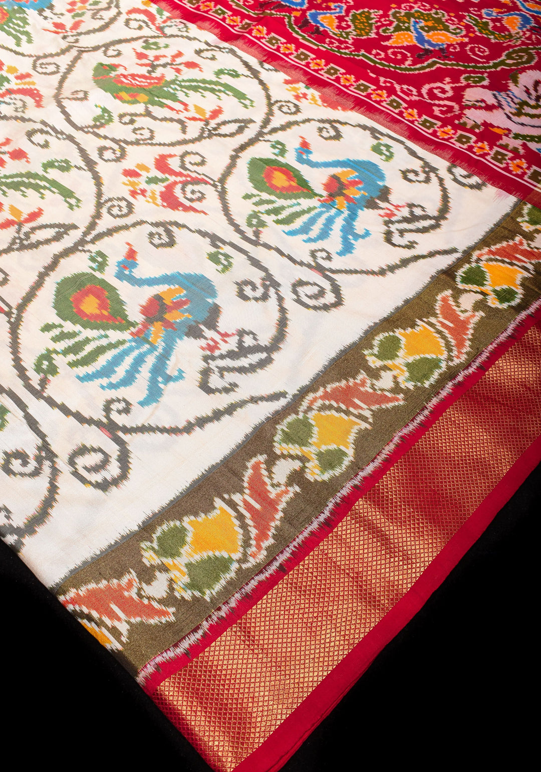 Ivory Ikkat Vanasingaram ikkat Silk Saree with Panel design Red Zari Border | SILK MARK CERTIFIED