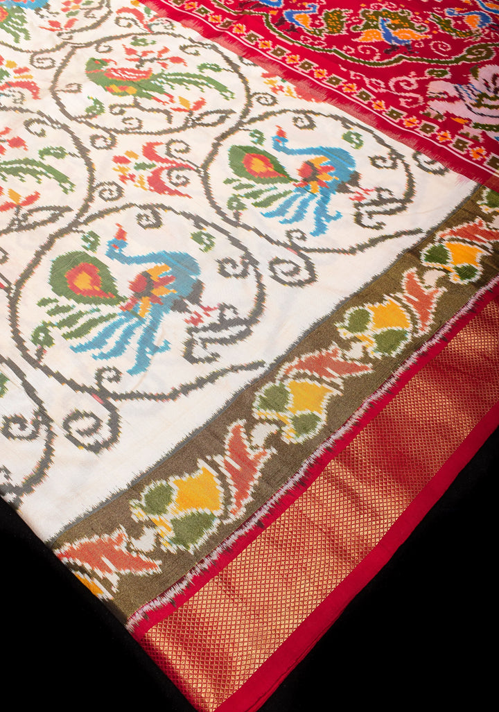 Ivory Ikkat Vanasingaram ikkat Silk Saree with Panel design Red Zari Border | SILK MARK CERTIFIED