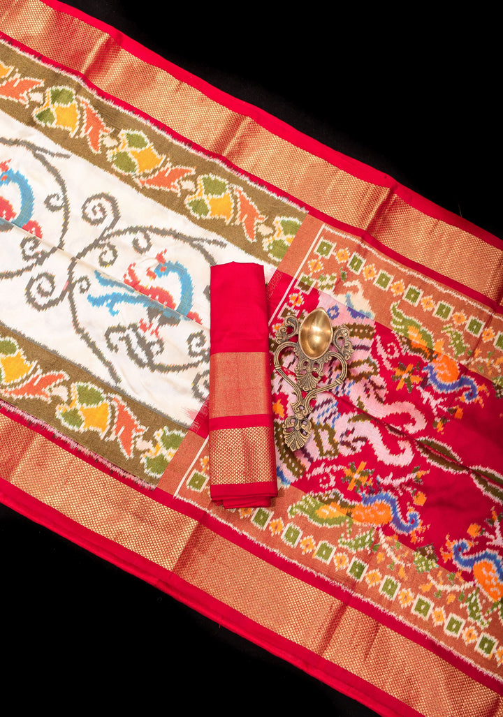 Ivory Ikkat Vanasingaram ikkat Silk Saree with Panel design Red Zari Border | SILK MARK CERTIFIED
