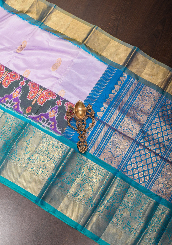 Frosty Lilac Ikkat Kanjivaram Fusion Silk Saree with Butterfly Panel and Contrast Zari Border| CERTIFIED SILK