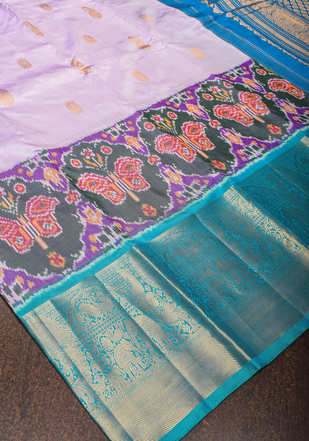 Frosty Lilac Ikkat Kanjivaram Fusion Silk Saree with Butterfly Panel and Contrast Zari Border| CERTIFIED SILK