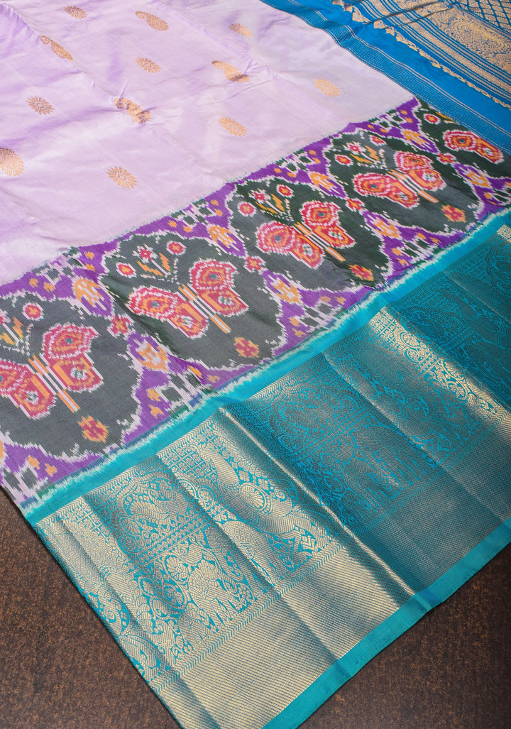 Frosty Lilac Ikkat Kanjivaram Fusion Silk Saree with Butterfly Panel and Contrast Zari Border| CERTIFIED SILK