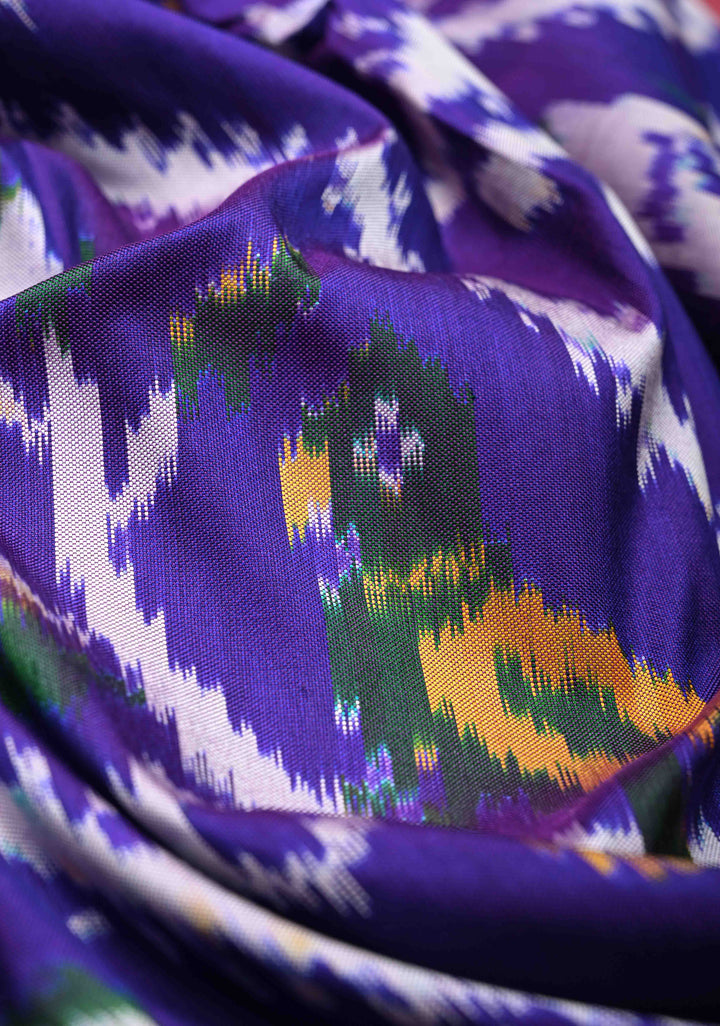 Stunning Purple Ikkat  Kanjivaram Silk Saree with Leheria Pattern Contrast Zari Border | SILK MARK CERTIFIED