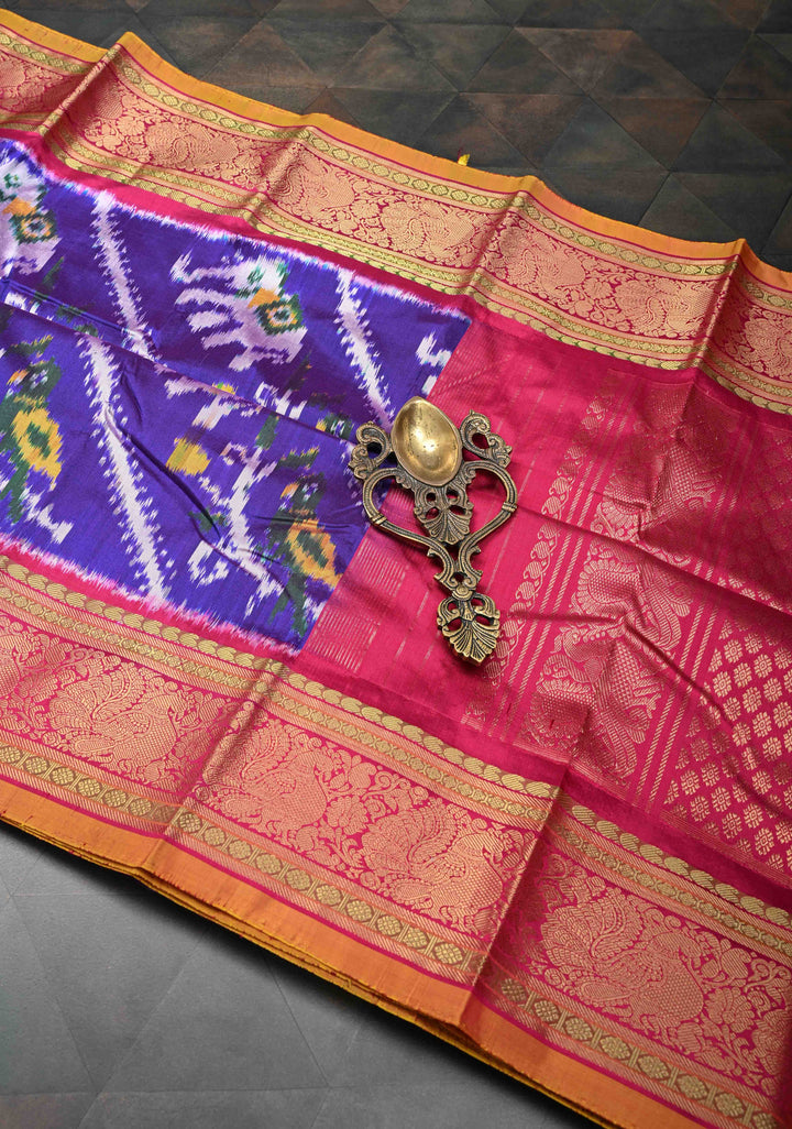 Stunning Purple Ikkat  Kanjivaram Silk Saree with Leheria Pattern Contrast Zari Border | SILK MARK CERTIFIED