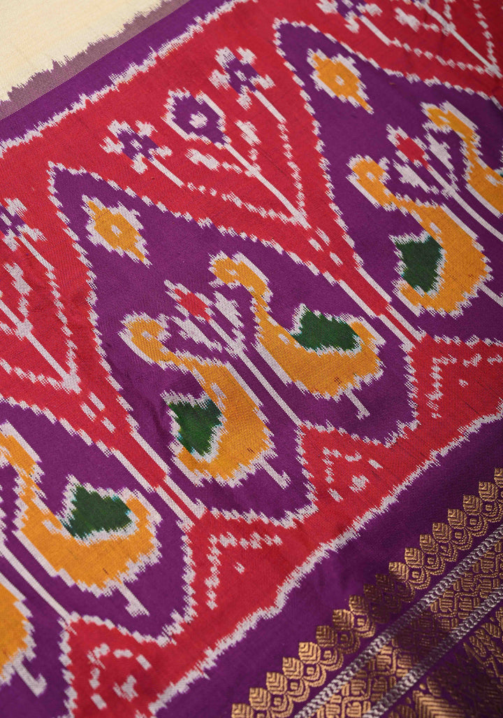 Cream Ikkat Pure Silk Saree with Ikkat Weave Birds Panel and Zari Border | SILK MARK CERTIFIED