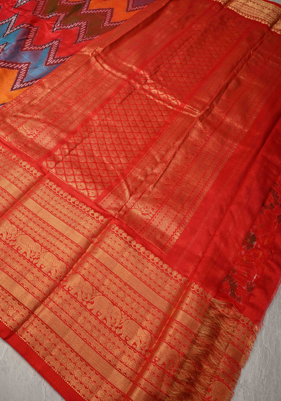Multicolor Ikkat Kanjivaram Fusion Silk Saree with Chevron Patterns and Zari Border | SILK MARK CERTIFIED