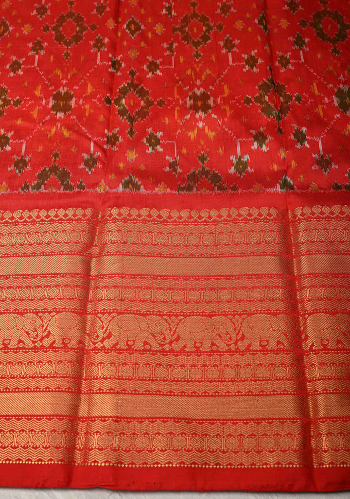 Multicolor Ikkat Kanjivaram Fusion Silk Saree with Chevron Patterns and Zari Border | SILK MARK CERTIFIED