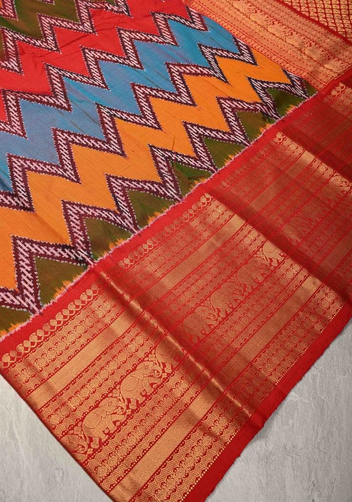 Multicolor Ikkat Kanjivaram Fusion Silk Saree with Chevron Patterns and Zari Border | SILK MARK CERTIFIED