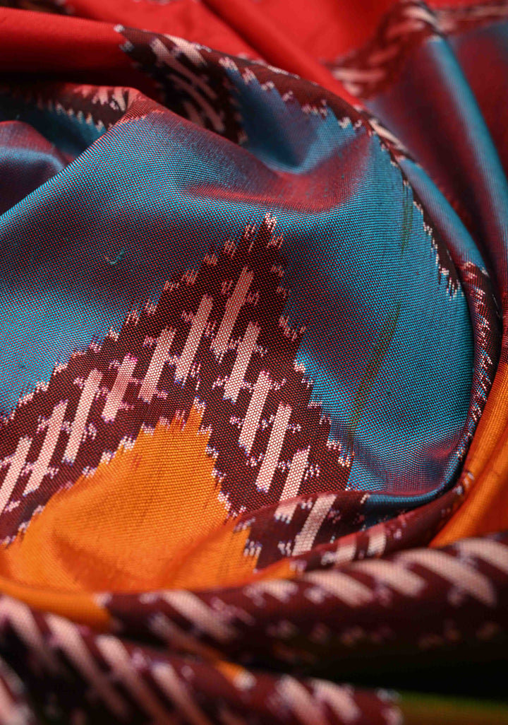 Multicolor Ikkat Kanjivaram Fusion Silk Saree with Chevron Patterns and Zari Border | SILK MARK CERTIFIED