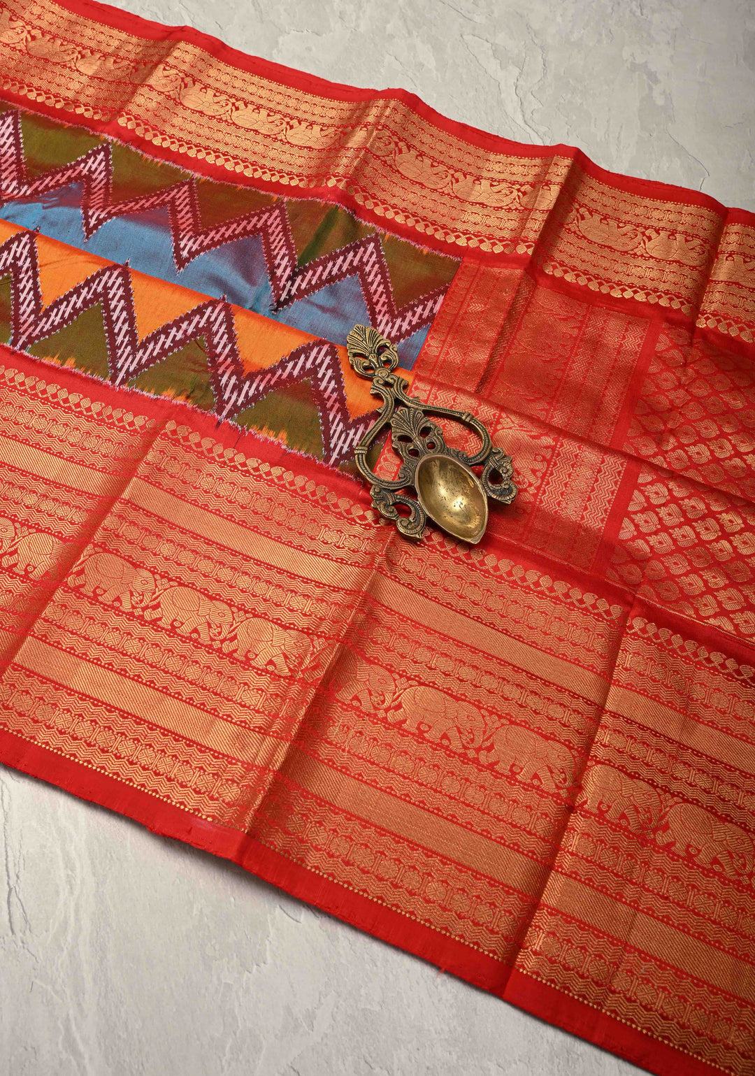 Multicolor Ikkat Kanjivaram Fusion Silk Saree with Chevron Patterns and Zari Border | SILK MARK CERTIFIED