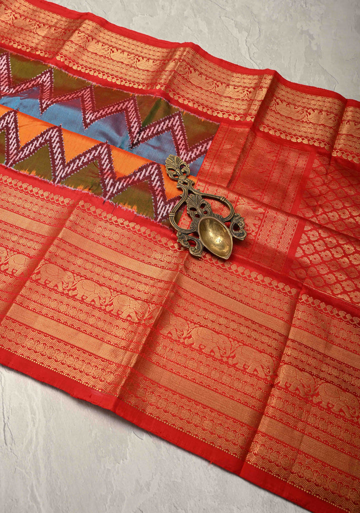 Multicolor Ikkat Kanjivaram Fusion Silk Saree with Chevron Patterns and Zari Border | SILK MARK CERTIFIED
