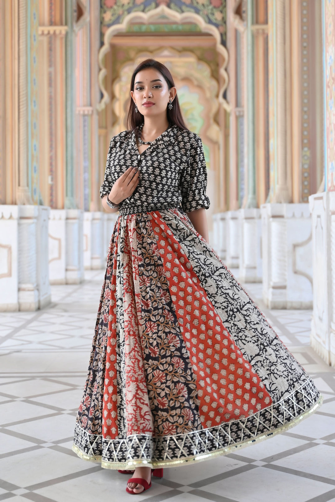 Kalamkari Block print Kalidar Skirt and Mandarin Collar shirt