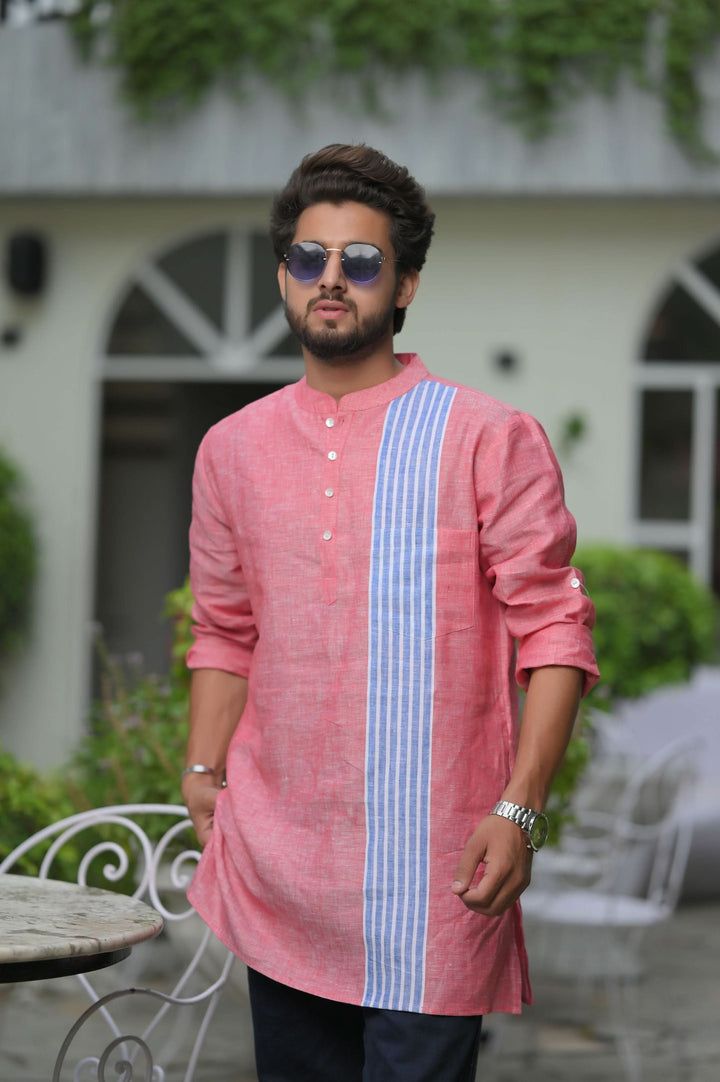 Peachy Sky Blue Striped Panel  short Kurta for Men | Made to Order