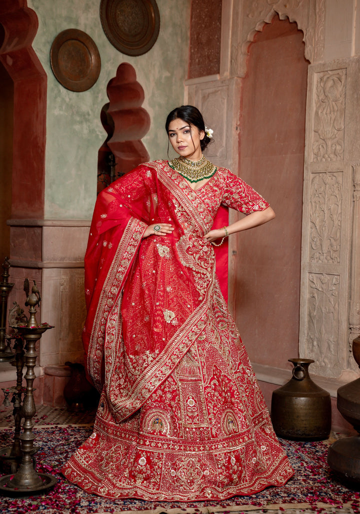 Exquisite Crimson Charm Lehenga with hand-embroidery in Raw Silk, Customizable, Made to Order