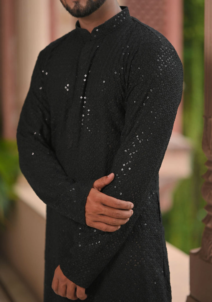 Black  Embroidered and sequin embellished Kurta Pajama Set for Men, Multiple Size | Ethnic Menswear by Shobitam