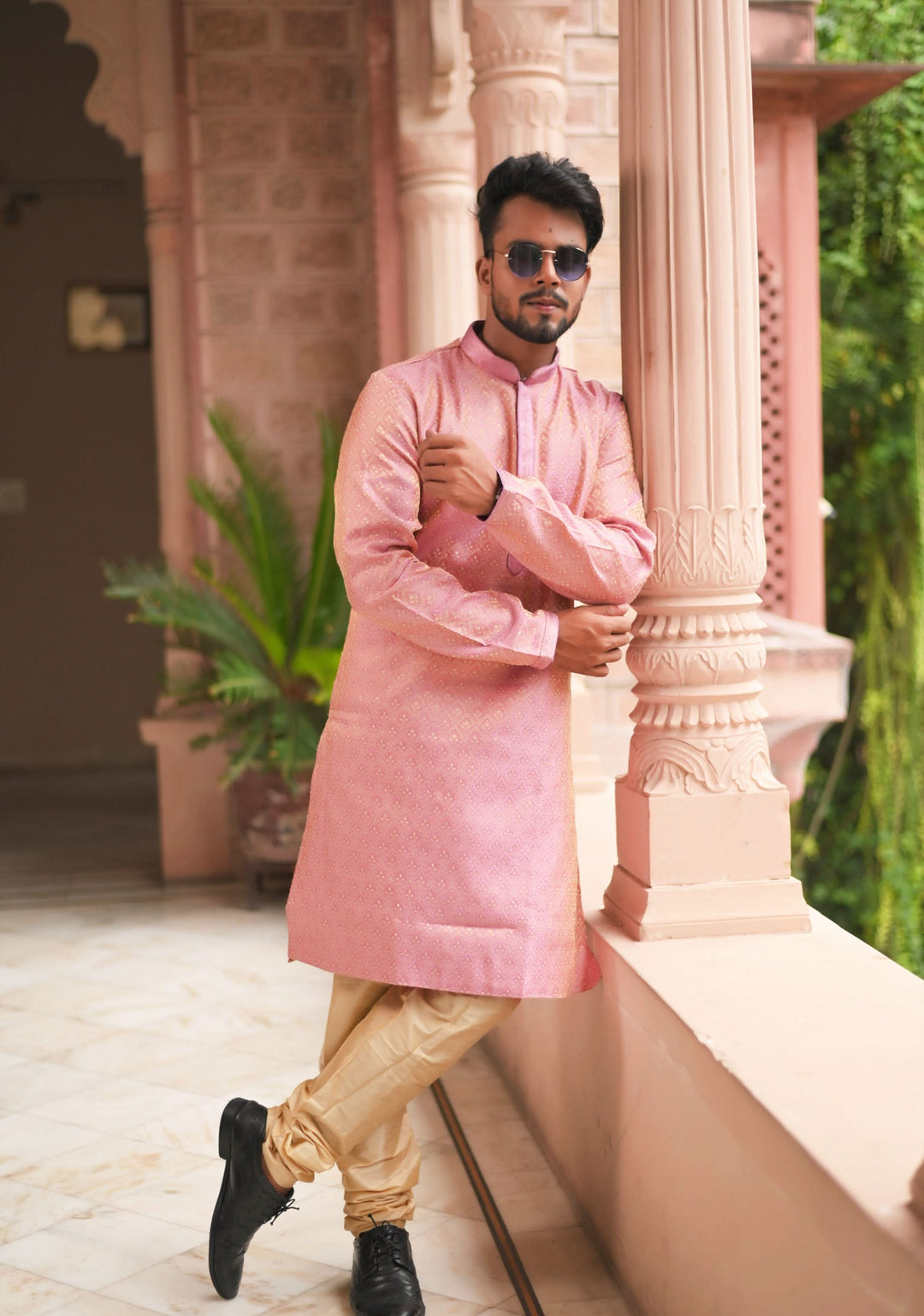 Pink Self Weave Kurta Pajama Set for Men,  Multiple Size | Ethnic Menswear by Shobitam