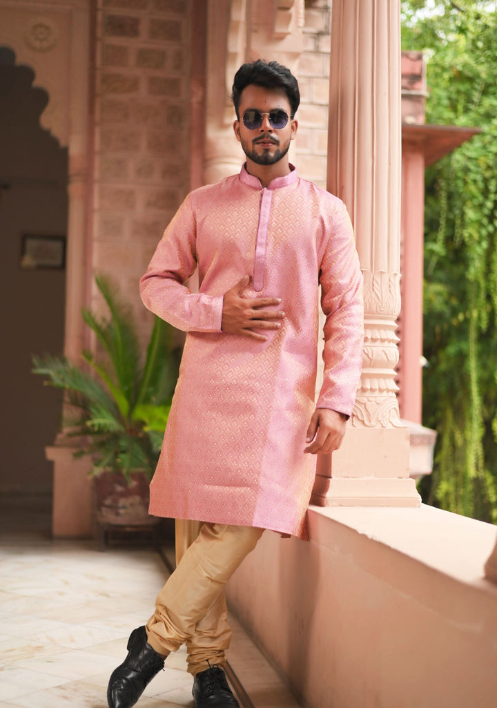 Pink Self Weave Kurta Pajama Set for Men,  Multiple Size | Ethnic Menswear by Shobitam