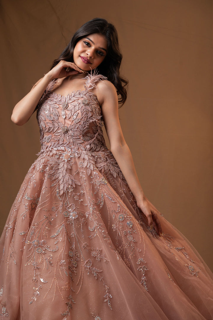 Dusty Rose Gown with embroidery with Cutdana on mesh net, Customizable, Made to Order