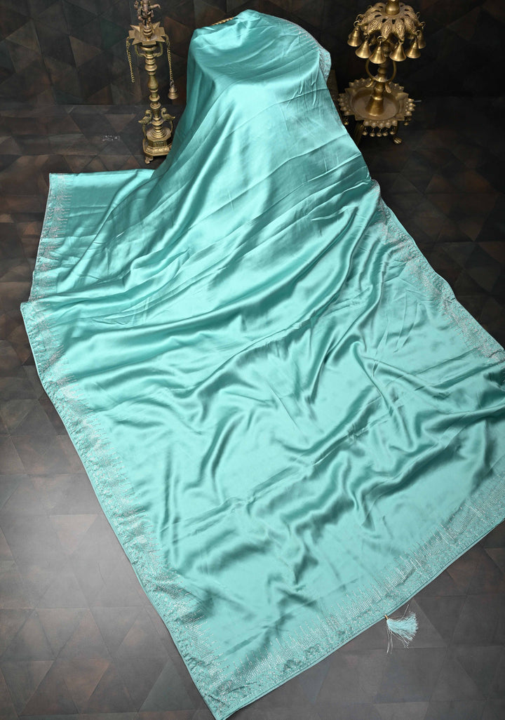 Mint Green Satin Saree with Tone on Tone Powder Stones