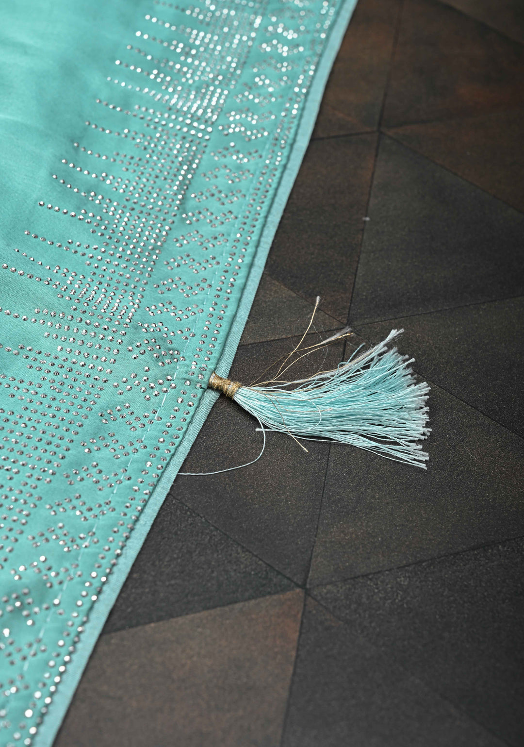 Mint Green Satin Saree with Tone on Tone Powder Stones