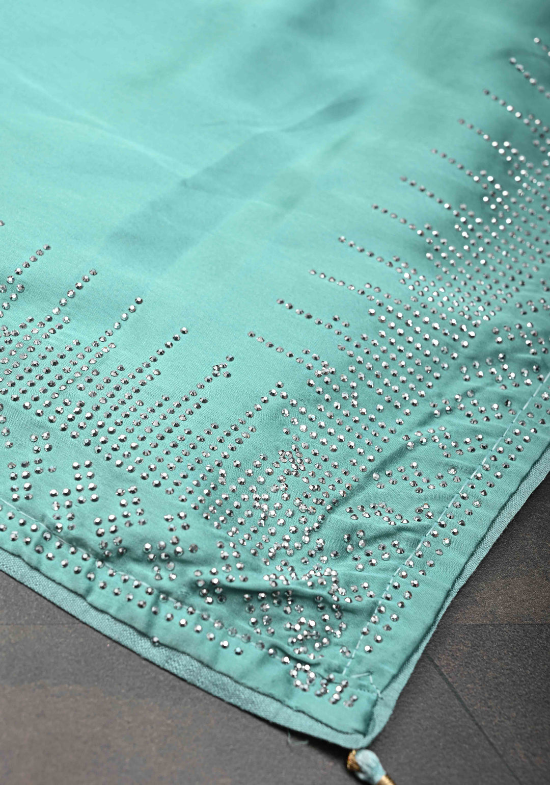 Mint Green Satin Saree with Tone on Tone Powder Stones