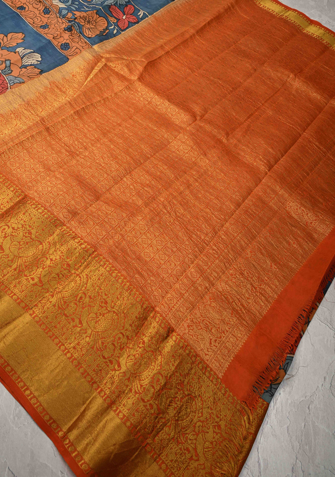 Jodhpur Blue Pottery design Authentic Pen Kalamkarion Pure Kanjivaram Silk Saree with Wide Orange Border | SILK MARK CERTIFIED | Shobitam
