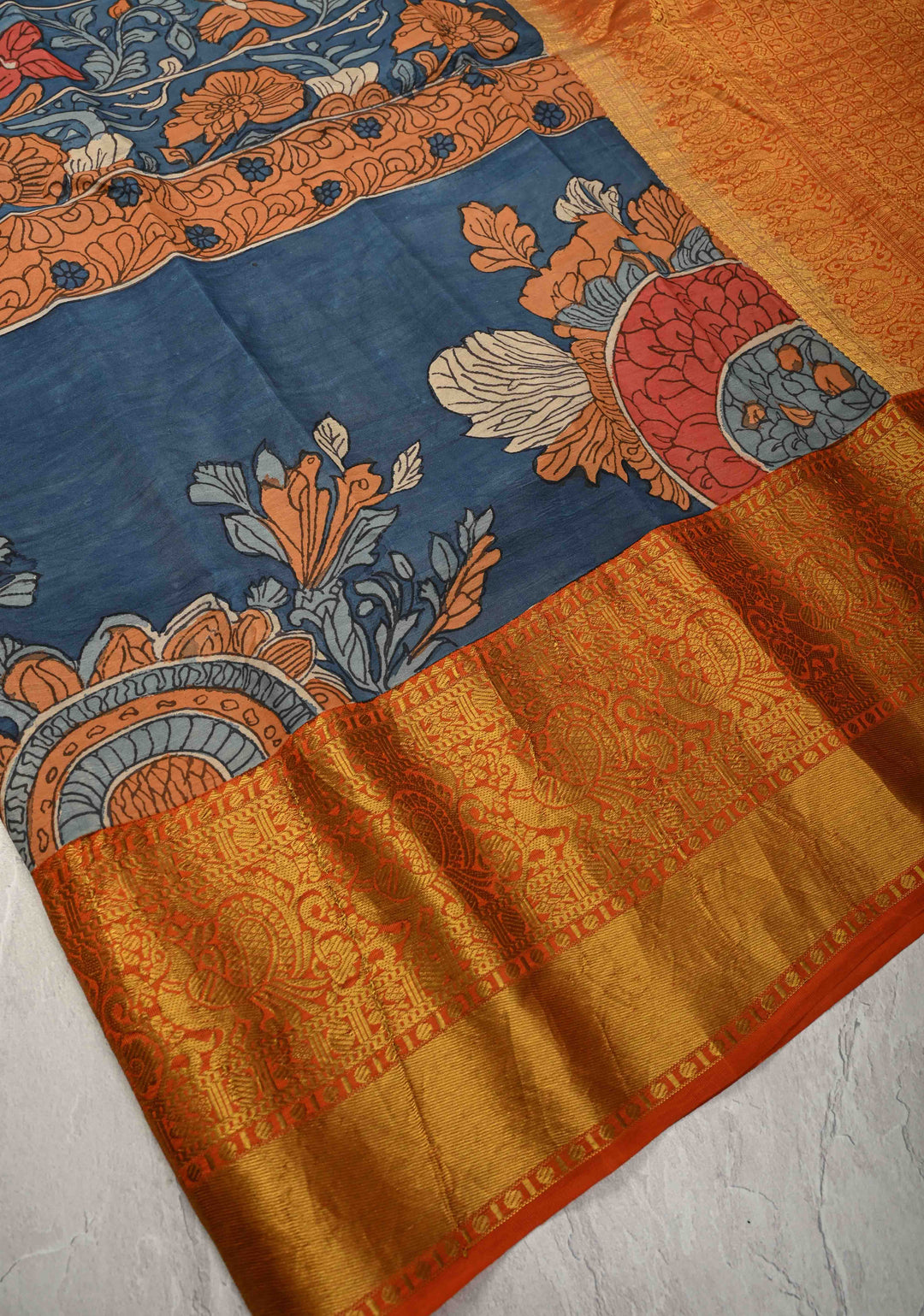 Jodhpur Blue Pottery design Authentic Pen Kalamkarion Pure Kanjivaram Silk Saree with Wide Orange Border | SILK MARK CERTIFIED | Shobitam
