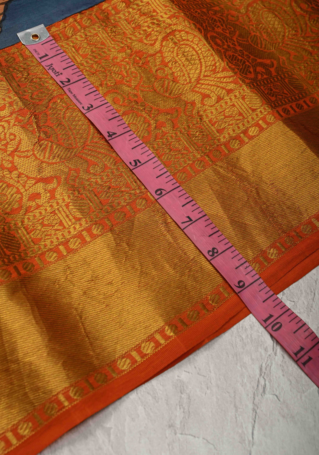 Jodhpur Blue Pottery design Authentic Pen Kalamkarion Pure Kanjivaram Silk Saree with Wide Orange Border | SILK MARK CERTIFIED | Shobitam