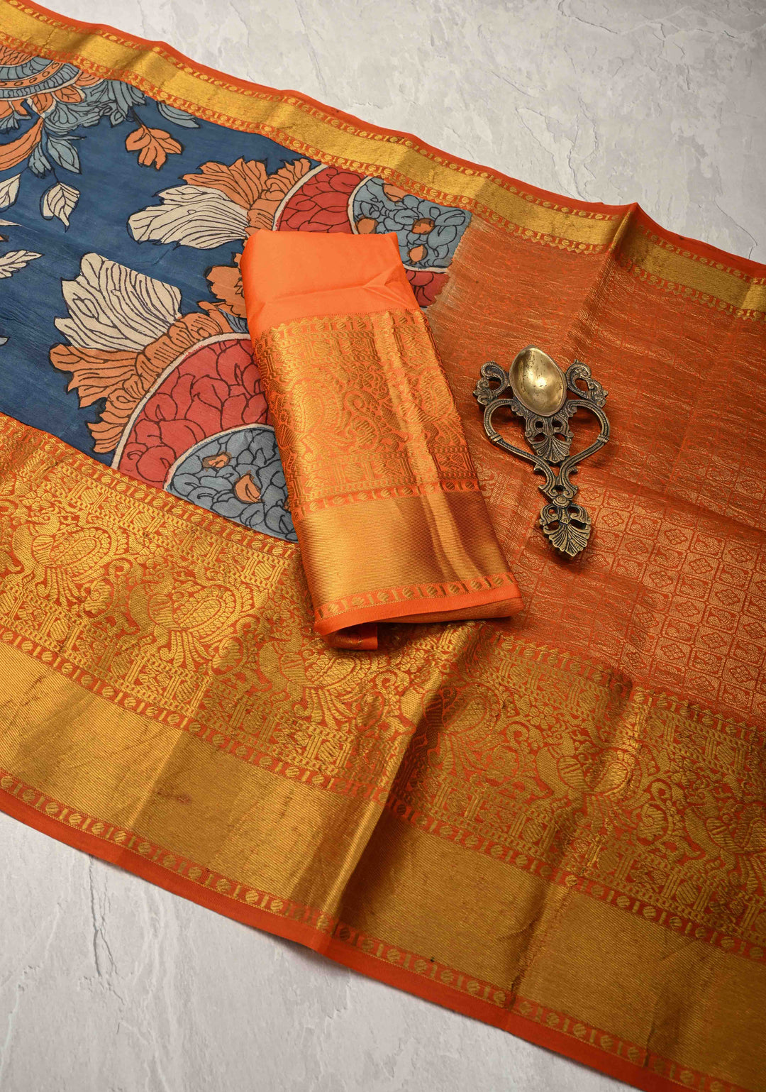 Jodhpur Blue Pottery design Authentic Pen Kalamkarion Pure Kanjivaram Silk Saree with Wide Orange Border | SILK MARK CERTIFIED | Shobitam