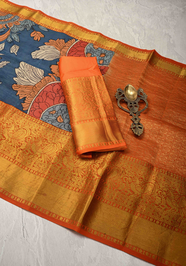 Jodhpur Blue Pottery design Authentic Pen Kalamkarion Pure Kanjivaram Silk Saree with Wide Orange Border | SILK MARK CERTIFIED | Shobitam