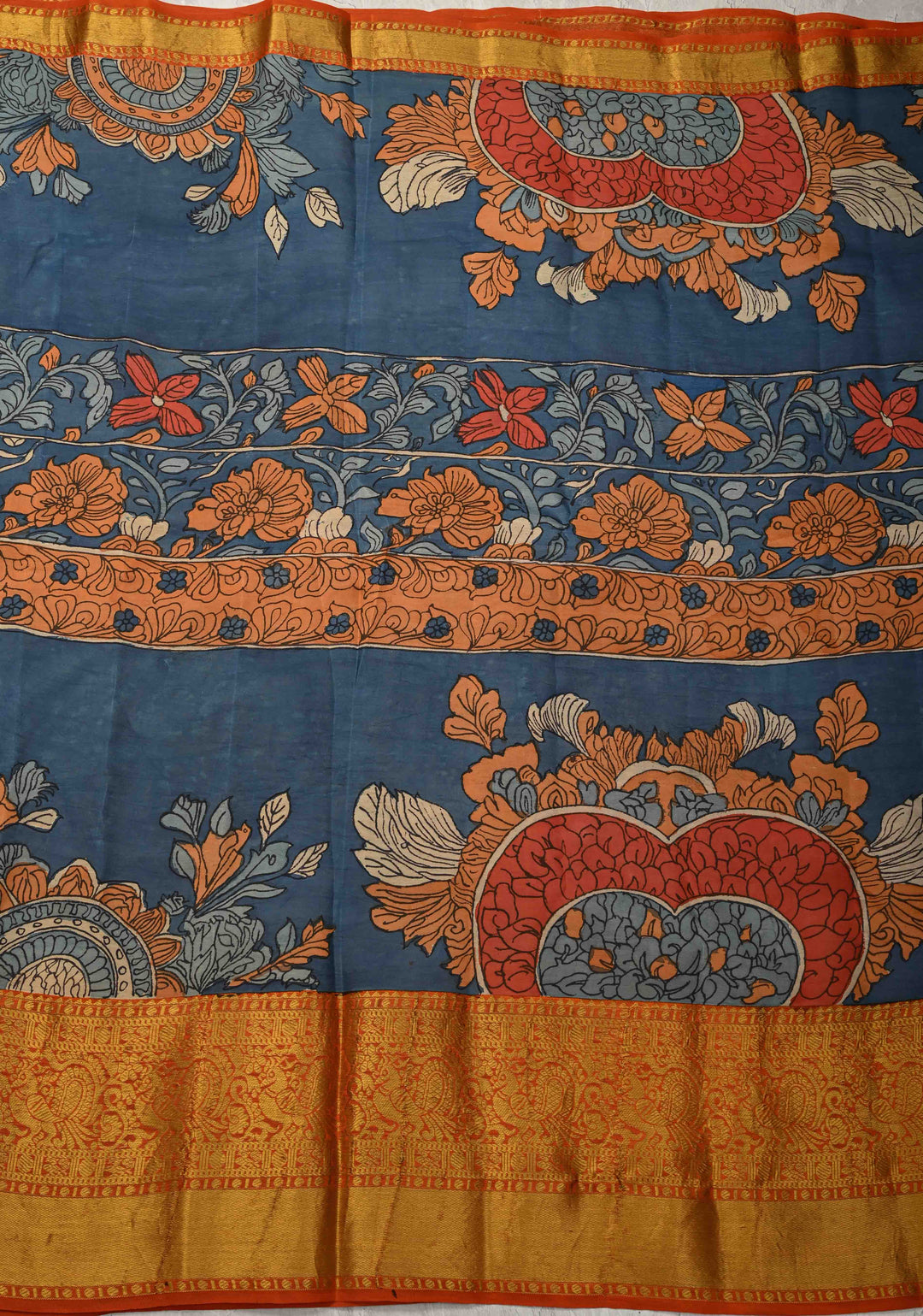 Jodhpur Blue Pottery design Authentic Pen Kalamkarion Pure Kanjivaram Silk Saree with Wide Orange Border | SILK MARK CERTIFIED | Shobitam