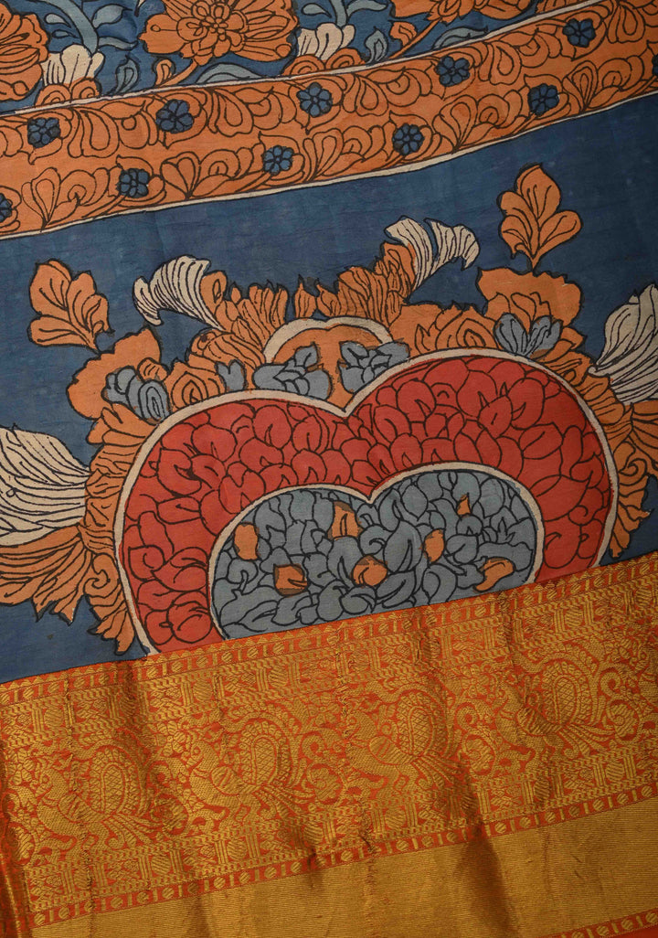 Jodhpur Blue Pottery design Authentic Pen Kalamkarion Pure Kanjivaram Silk Saree with Wide Orange Border | SILK MARK CERTIFIED | Shobitam