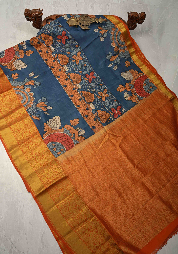 Jodhpur Blue Pottery design Authentic Pen Kalamkarion Pure Kanjivaram Silk Saree with Wide Orange Border | SILK MARK CERTIFIED | Shobitam