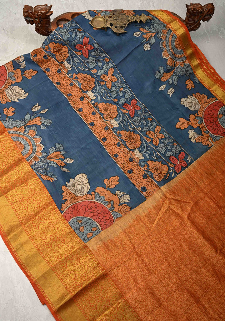 Jodhpur Blue Pottery design Authentic Pen Kalamkarion Pure Kanjivaram Silk Saree with Wide Orange Border | SILK MARK CERTIFIED | Shobitam