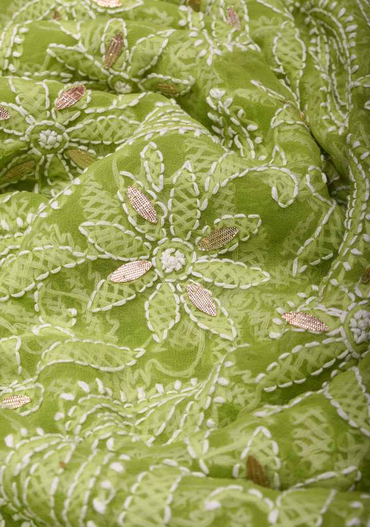 Elegant Lime Green Hand-Embroidered Full Jaal Chikankari Georgette Saree with Gotta Patti Work