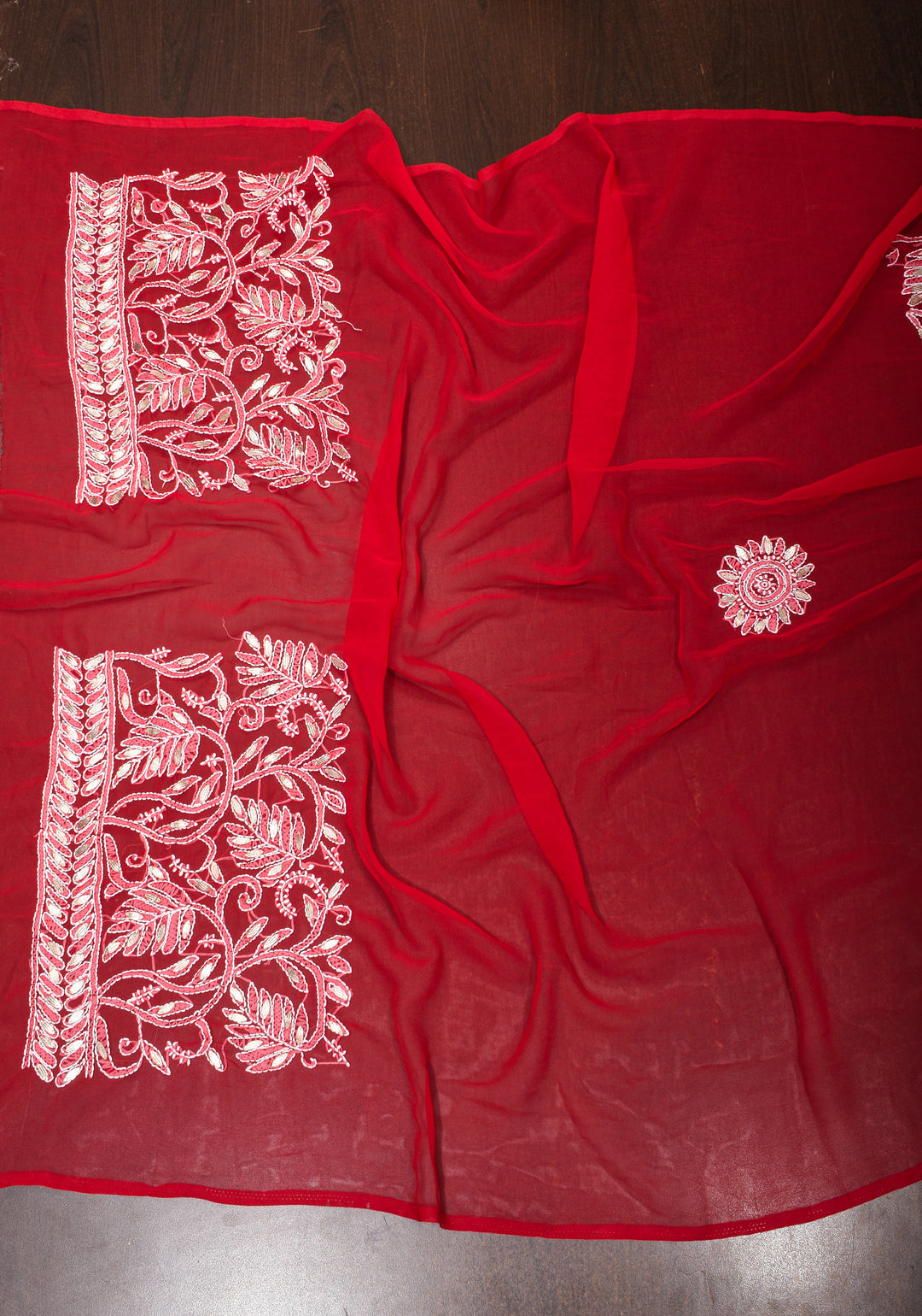 Authentic Red Hand-Embroidered Full Jaal Chikankari Georgette Saree with Gotta Work