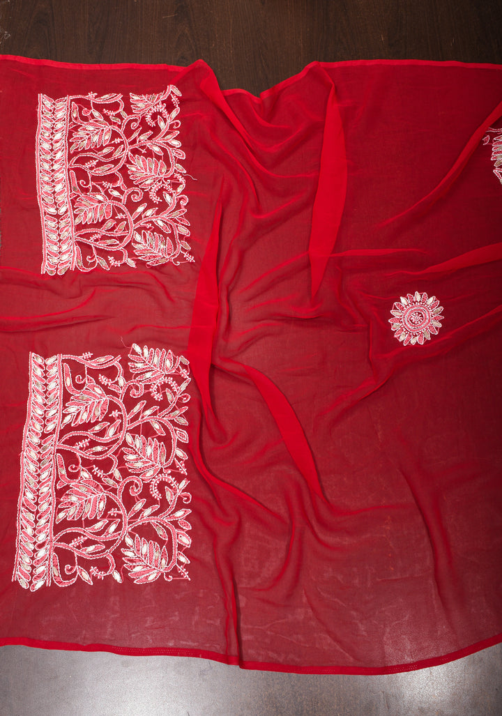 Authentic Red Hand-Embroidered Full Jaal Chikankari Georgette Saree with Gotta Work