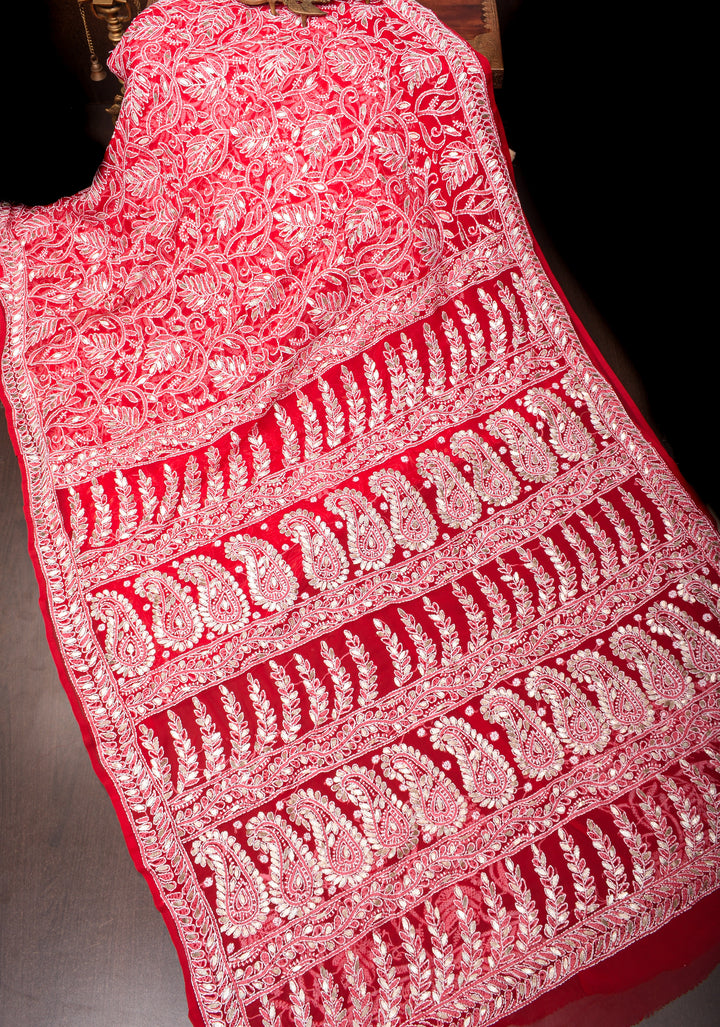 Authentic Red Hand-Embroidered Full Jaal Chikankari Georgette Saree with Gotta Work