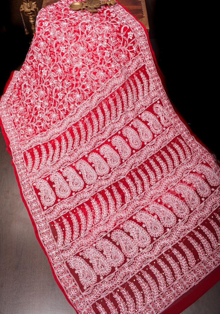 Vibrant Red Authentic Hand-Embroidered Full Jaal Chikankari Georgette Saree with Mukeish Work