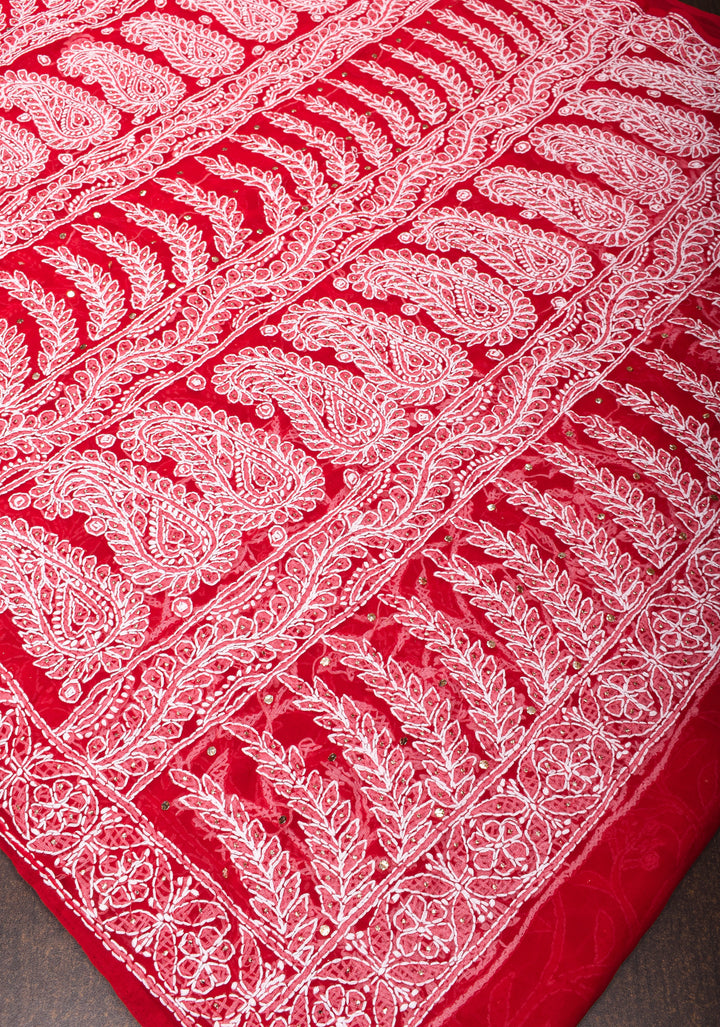 Vibrant Red Authentic Hand-Embroidered Full Jaal Chikankari Georgette Saree with Mukeish Work