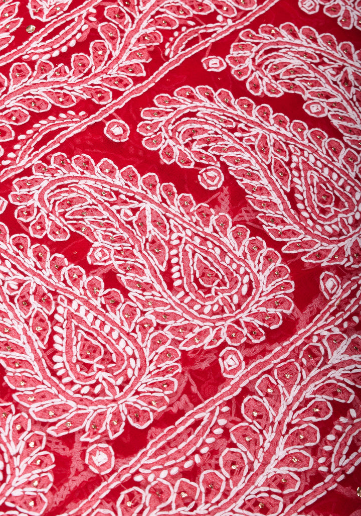 Vibrant Red Authentic Hand-Embroidered Full Jaal Chikankari Georgette Saree with Mukeish Work