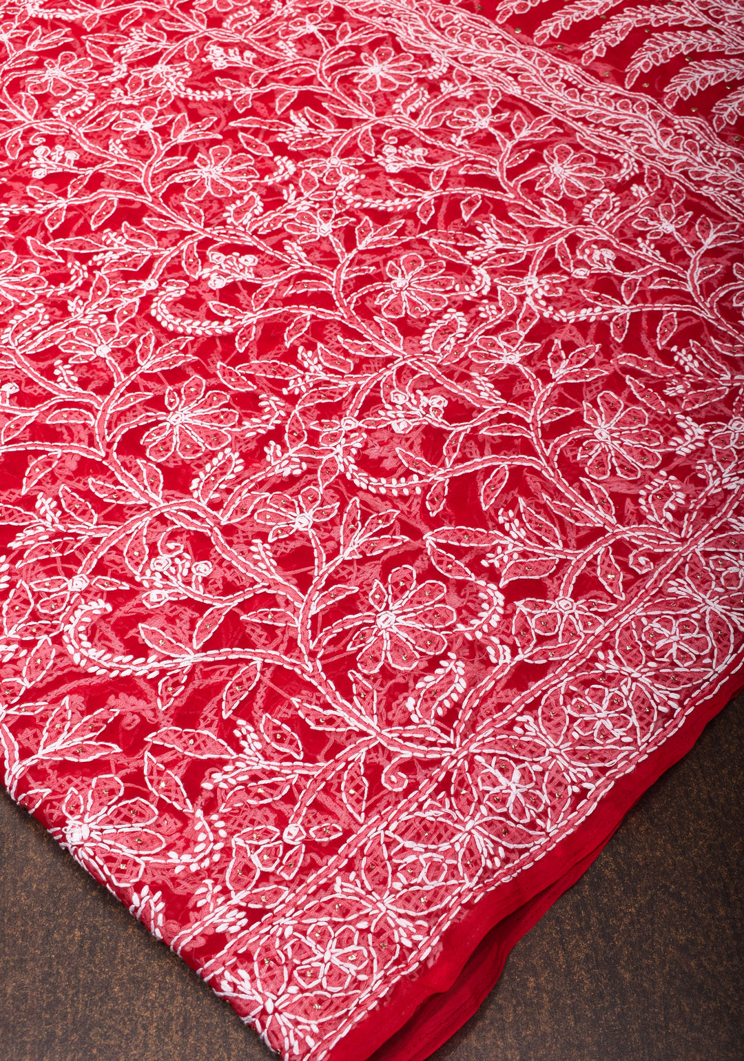 Vibrant Red Authentic Hand-Embroidered Full Jaal Chikankari Georgette Saree with Mukeish Work