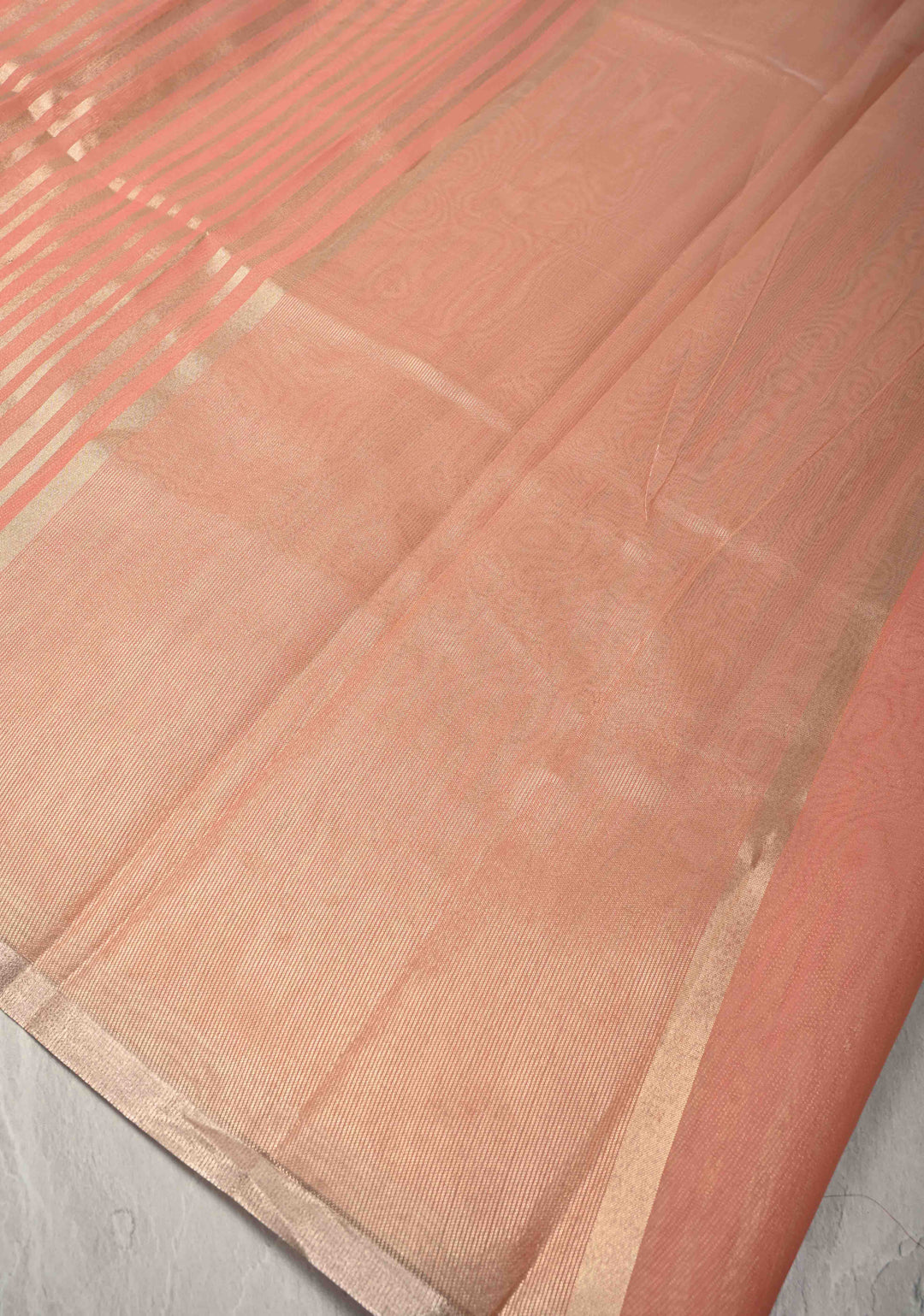 Salmon Pink Semi Kora Saree with Tissue Stripes and Minimal Zari Border | Shobitam